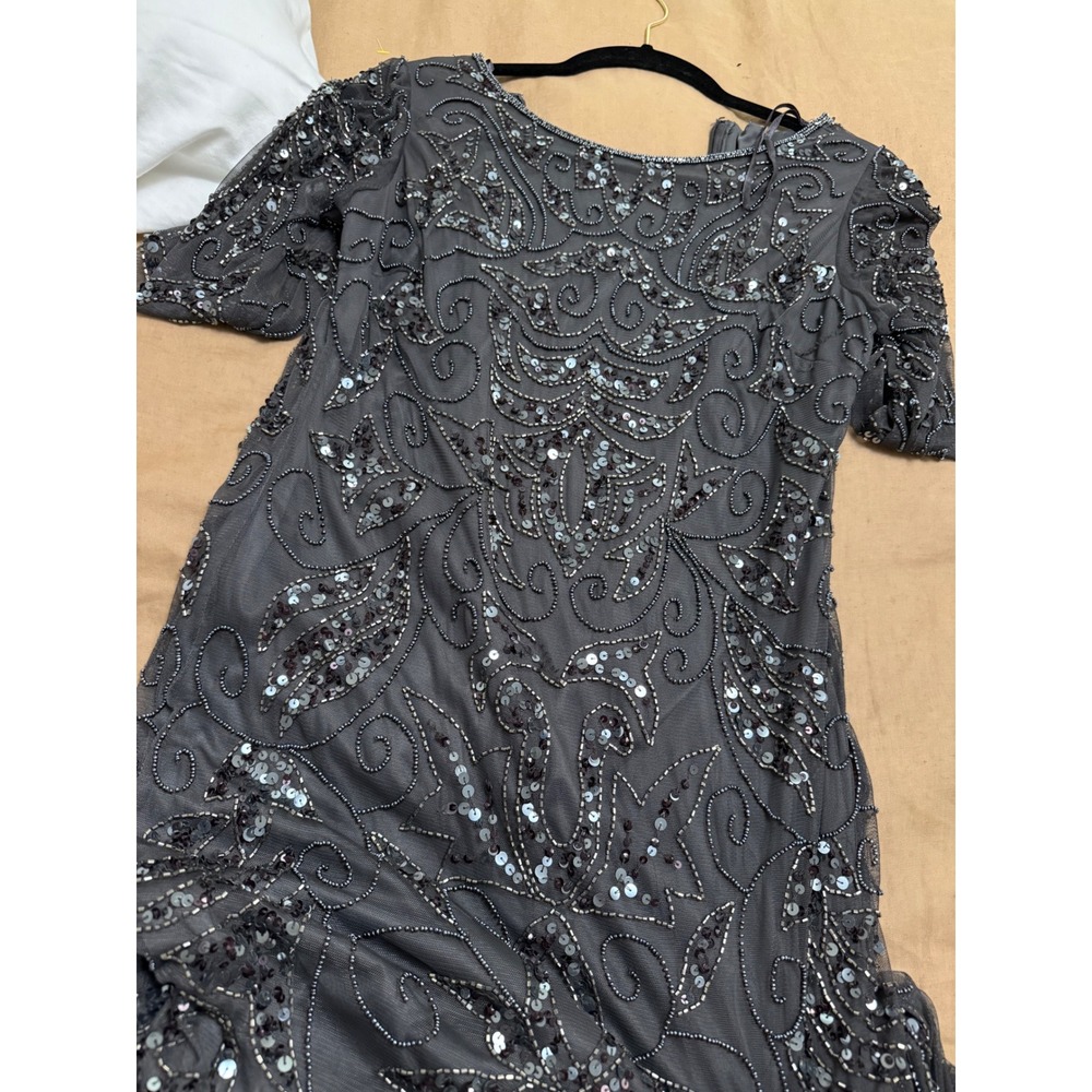 Pisarro Nights Gray Beaded Sequin Gown 3/4 Sleeve Formal Maxi Dress - Picture 14 of 14